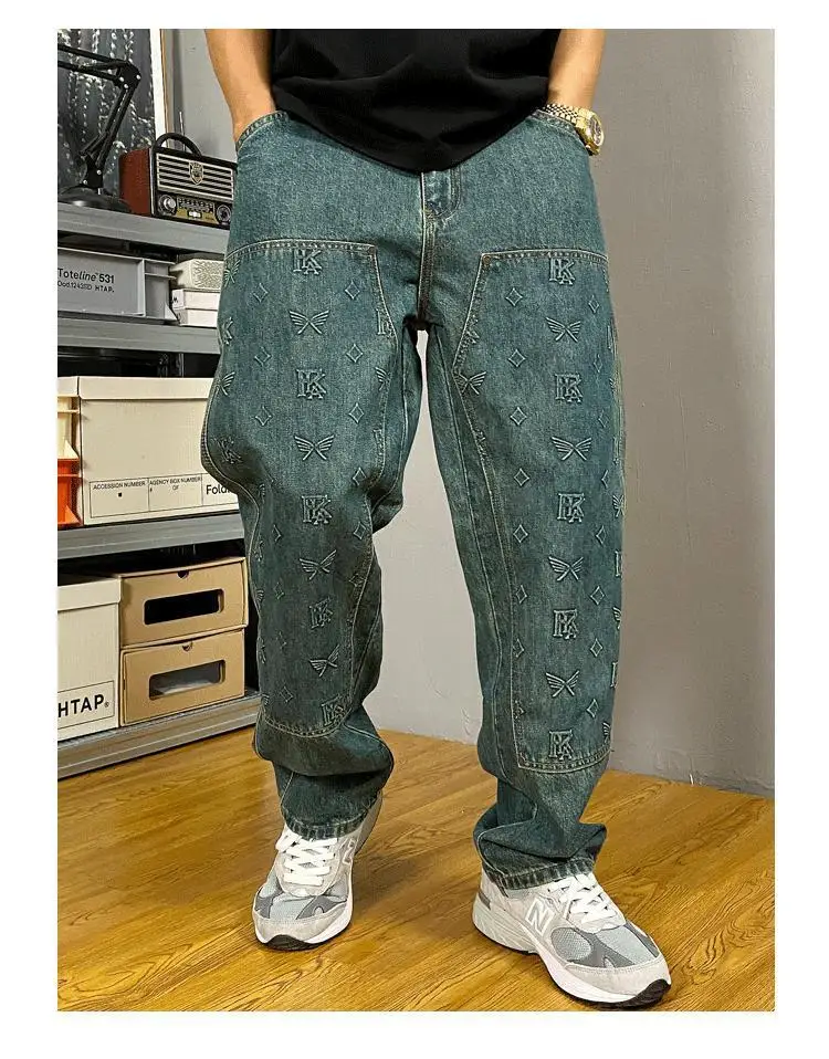 Embossed Trendy Workwear Jeans Men's Loose Straight Leg Retro Washed Trendy Casual Pants - Image 13