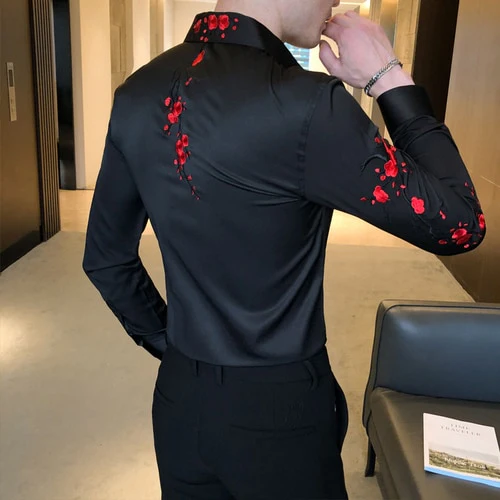 Embroidery Floral Men's Shirt Long Sleeve Business Formal Dress Casual Shirts Streetwear Social Party Bar Male Clothing Camisa - Image 3