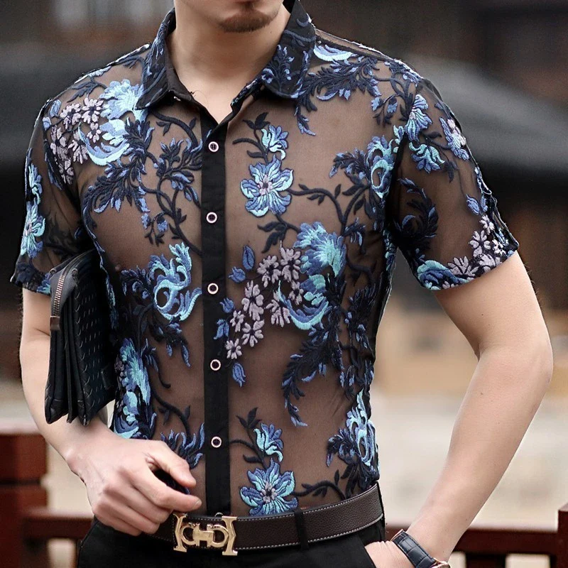Embroidery Lace Club Party Shirt Luxury Transparent Shirt Men Long Sleeve Chemise Hommesexy See Through Mesh Shirt Men 4xl - Image 6