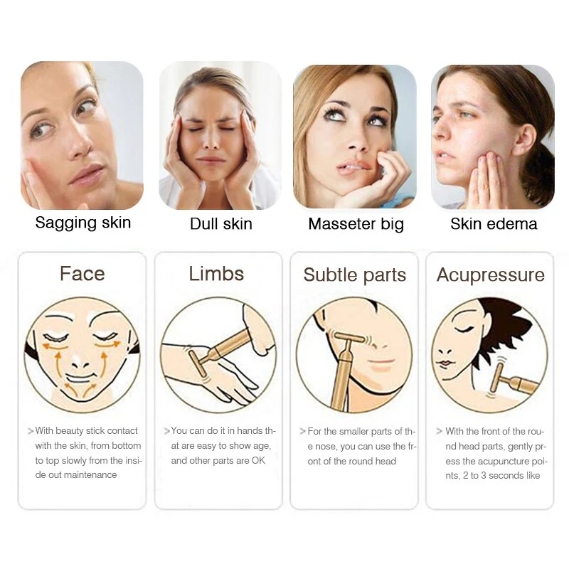 Energy 24K Gold T Beauty Bar Facial Roller Pulse Firming Massager Anti Aging Face Wrinkle Treatment Slimming Wrinkle Stick - Image 6
