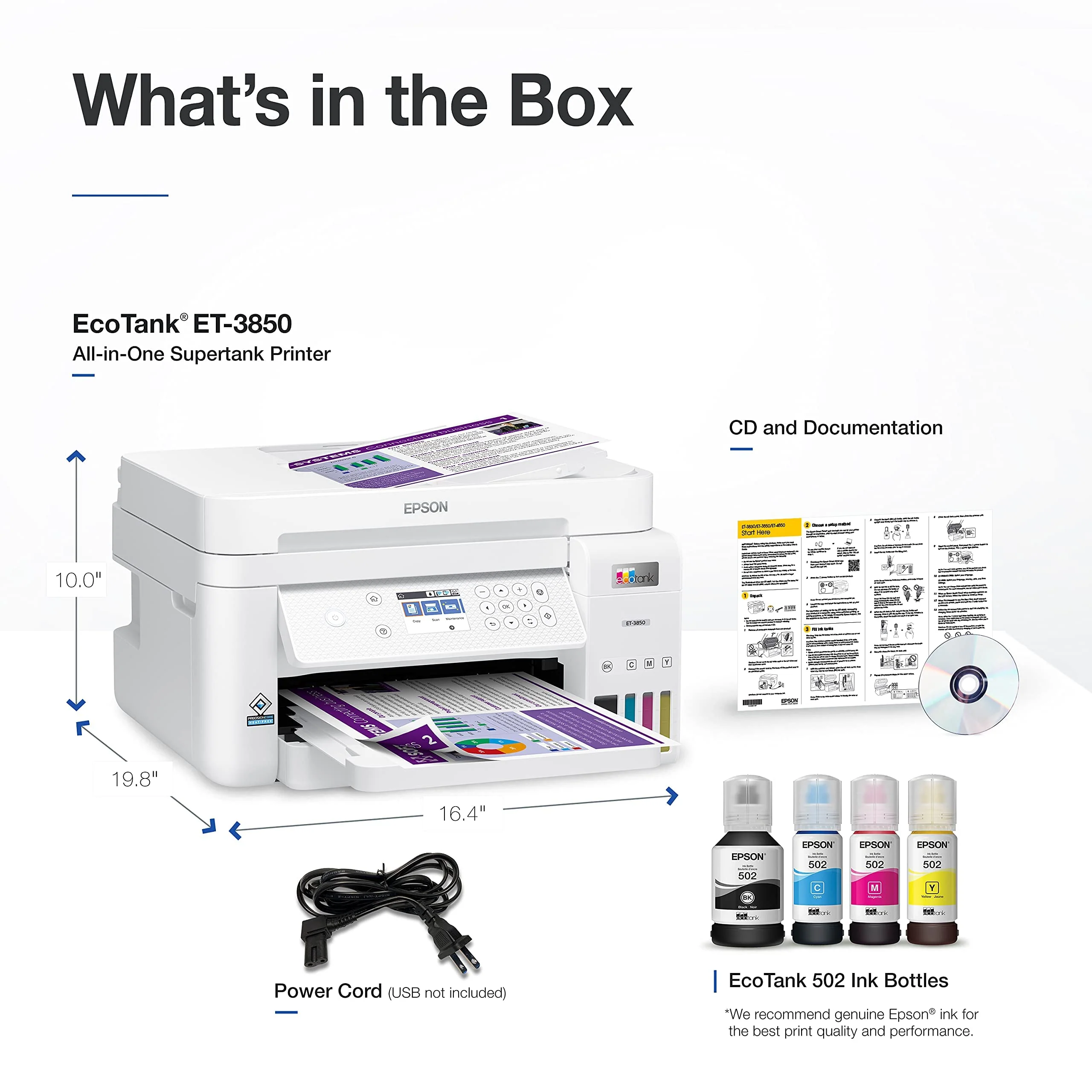 Epson EcoTank ET-3850 Wireless Color All-in-One Cartridge-Free Supertank Printer with Scanner, Copier, ADF and Ethernet – White (Refurbished) - Image 3