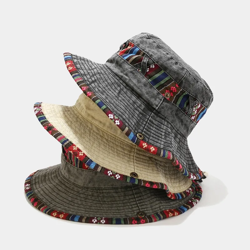 Ethnic Style Retro Drawstring Fisherman's Hat Female Summer Outdoor Sunscreen Shading Mountaineering Hat Male Western Cowboy Hat