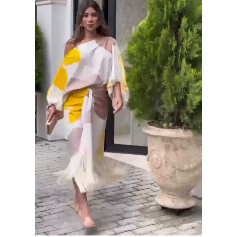 Europe and America Cross Border 2024 New Arrival Print Lantern Sleeve Loose Tops Fashion Tassel Hem Skirt Women's Two Pieces - Image 3