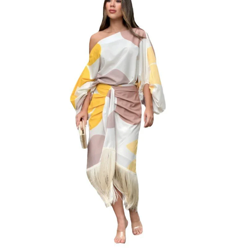 Europe and America Cross Border 2024 New Arrival Print Lantern Sleeve Loose Tops Fashion Tassel Hem Skirt Women's Two Pieces - Image 5