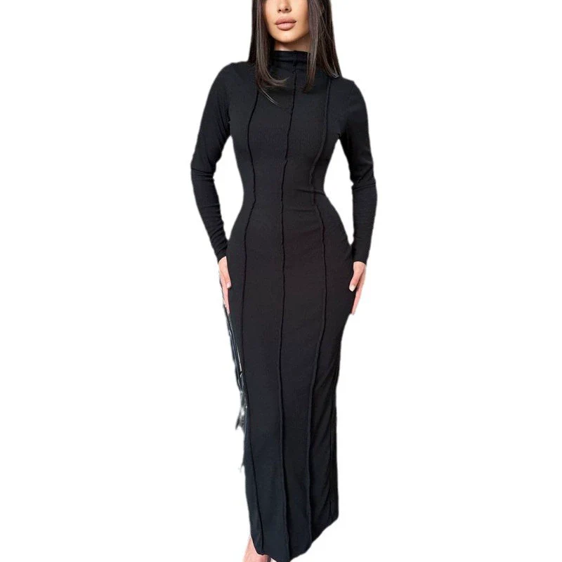 Europe and America Cross Border Now 2023 Autumn New Arrival Fashion Pure Color Skinny Sheath Long Sleeves Elegant Knitting Female Dress - Image 6