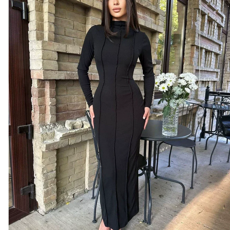 Europe and America Cross Border Now 2023 Autumn New Arrival Fashion Pure Color Skinny Sheath Long Sleeves Elegant Knitting Female Dress - Image 8