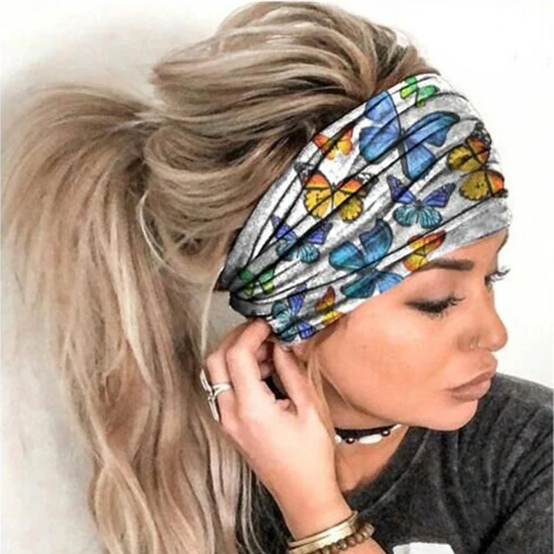 Europe and the United States cross-border popular elastic colorful butterfly printed wide-brimmed headband sports yoga headband - Image 3