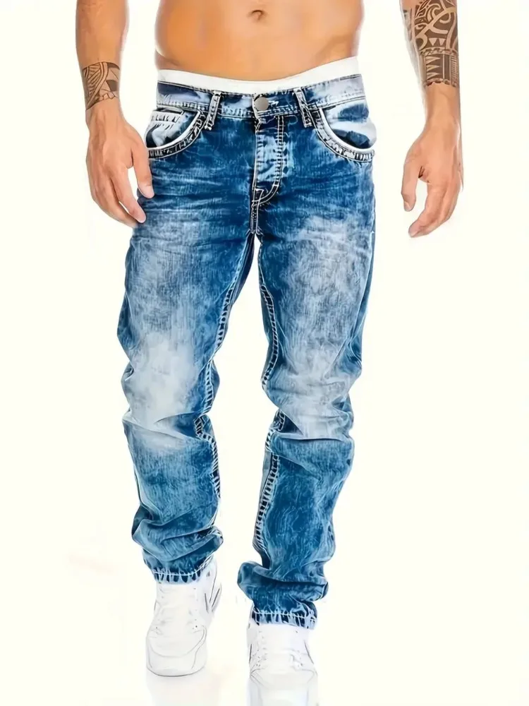 European American Jeans Men's Autumn New Slim Elastic Trousers Fashionable Vintage Wash Denim Pants Male Streetwear - Image 2