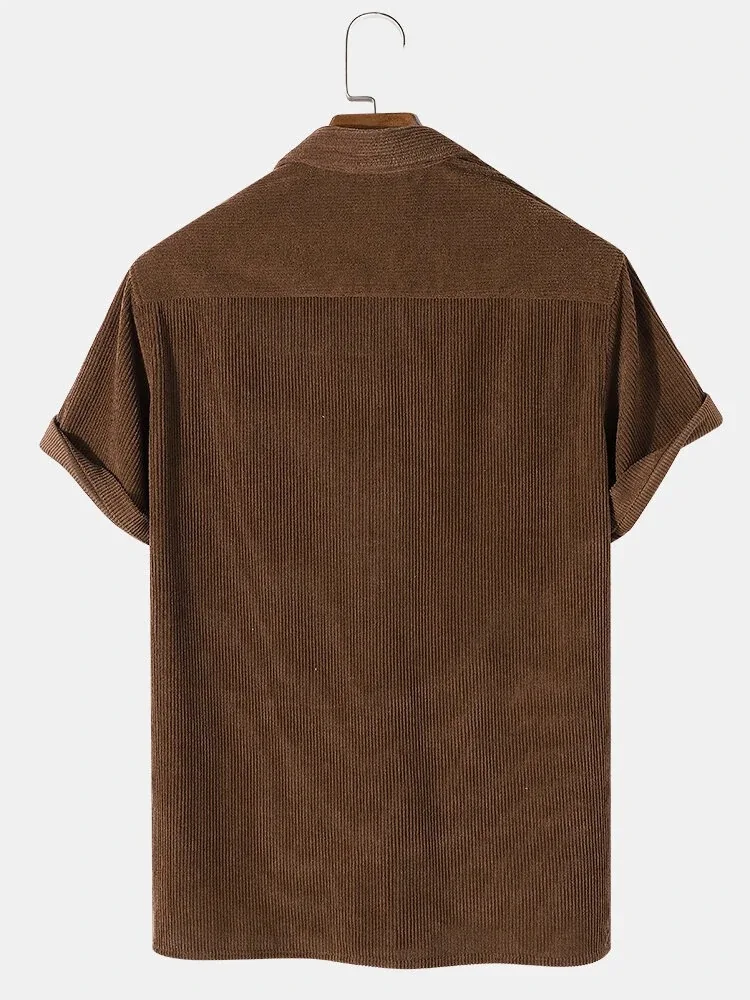 European American Shirts 2022 New Men's Casual Loose Simple Lapel Corduroy Short-sleeved Shirt Men Clothing - Image 2