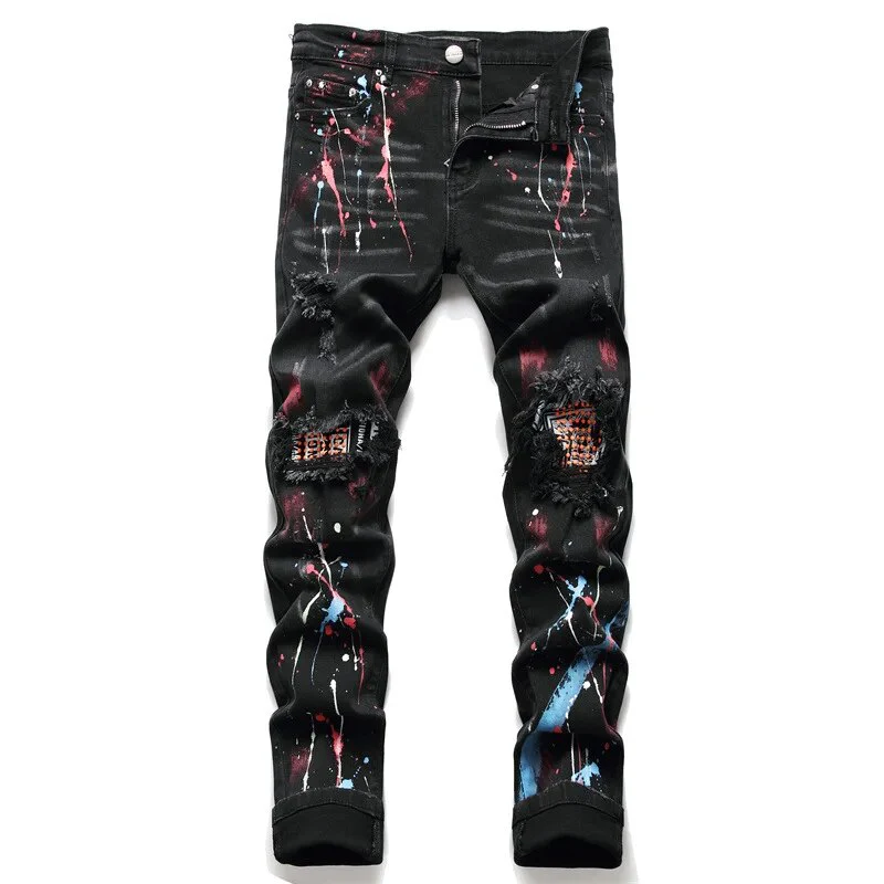 European American Style Fashion Brand Men's Jeans Ripped Hole Patch Trend Stretch Slim Trousers High Street Male Denim Pants - Image 10