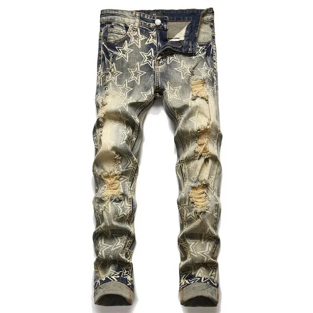 European American Style Fashion Brand Men's Jeans Ripped Hole Patch Trend Stretch Slim Trousers High Street Male Denim Pants - Image 12