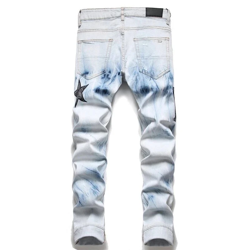 European American Style Fashion Brand Men's Jeans Ripped Hole Patch Trend Stretch Slim Trousers High Street Male Denim Pants - Image 3