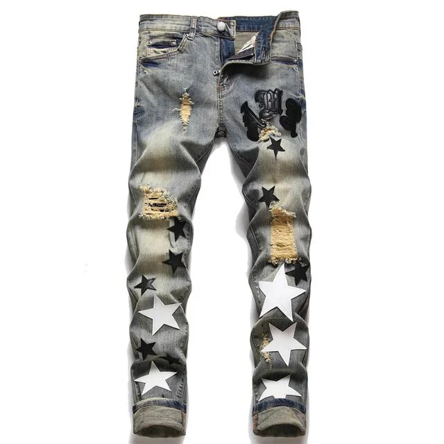 European American Style Fashion Brand Men's Jeans Ripped Hole Patch Trend Stretch Slim Trousers High Street Male Denim Pants - Image 9