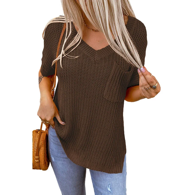 European American Summer New Pure Color V-neck Short Sleeve T-shirt Top Women 2024 Casual Simple Knitting Pullover Women - Image 8