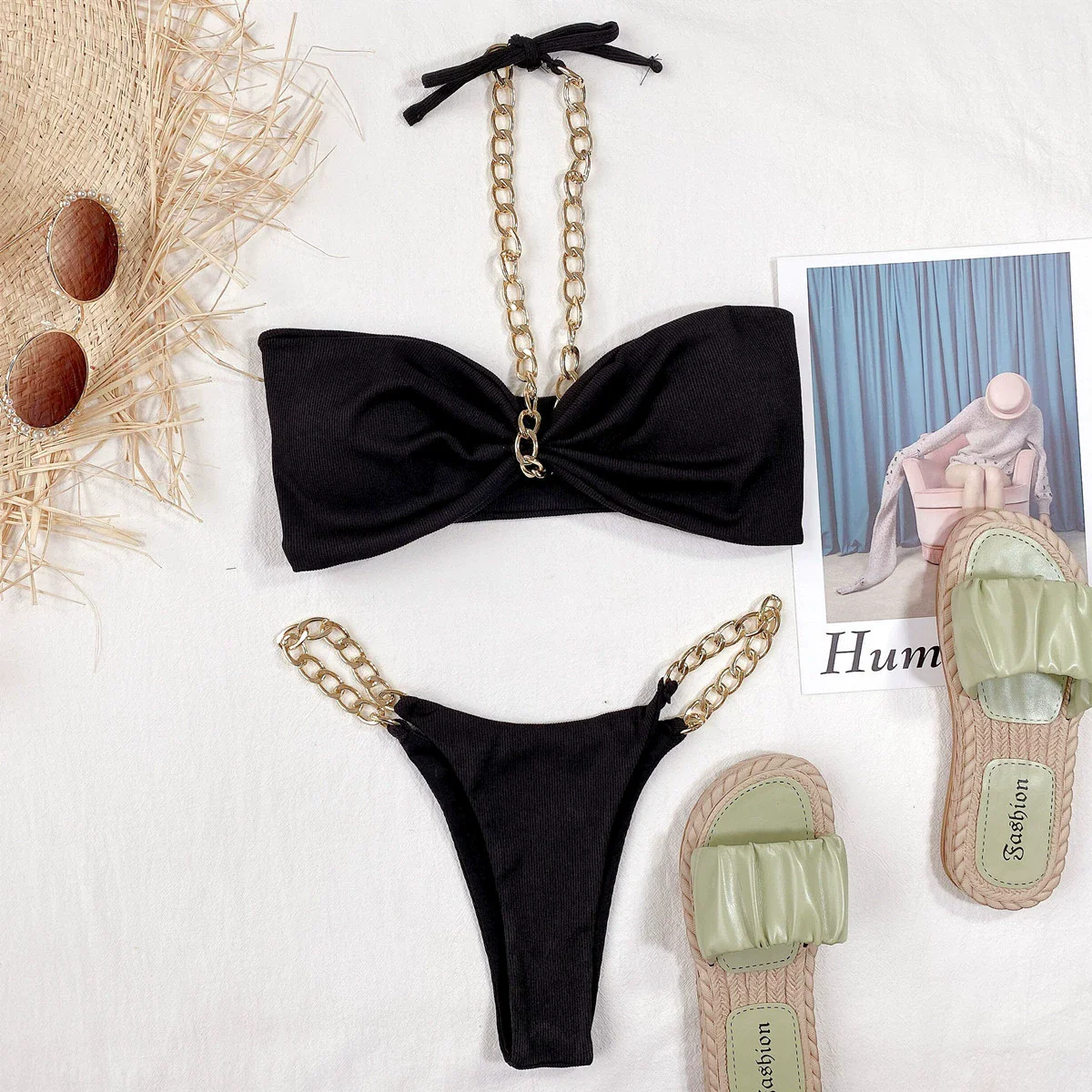 European and American Foreign Trade Beach Split Swimsuit Neck Hanging Chain Bikini Sexy Bikini Hot Girl Swimming Vacation Swimsuit - Image 2