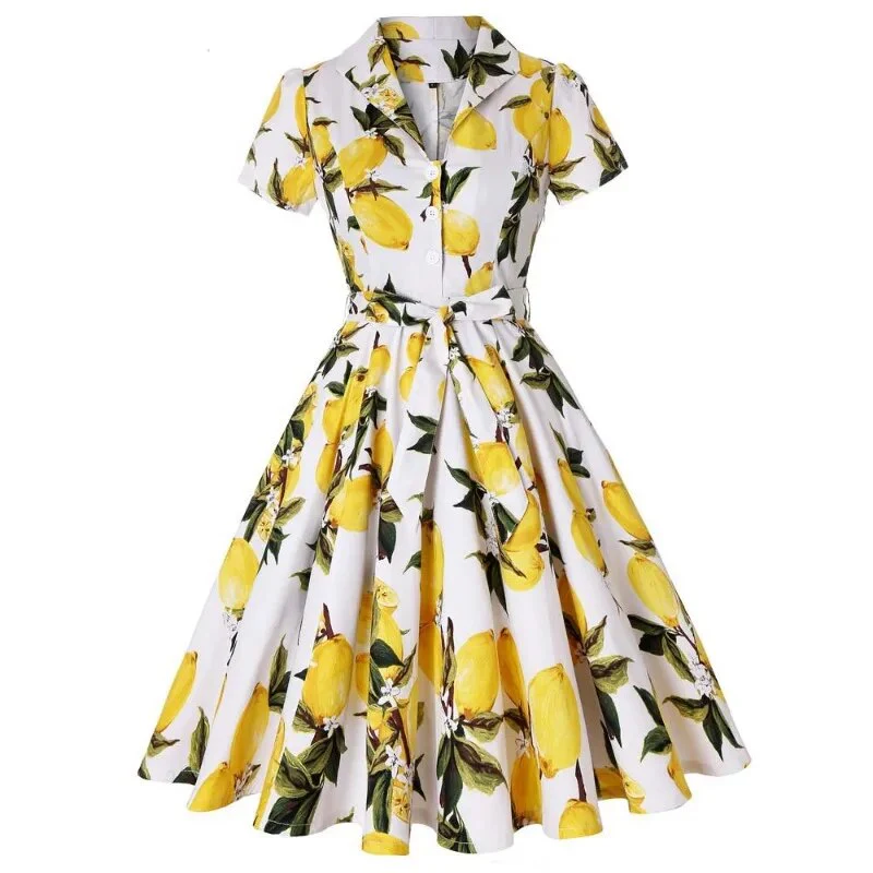 European and American Hepburn style Vintage Lace up Sexy Lapel With Dress Retro Rockabilly Prom Evening Dress fresh Print Dress - Image 3