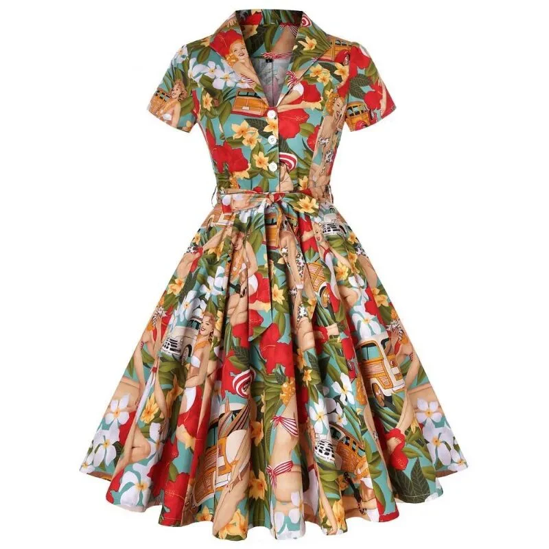 European and American Hepburn style Vintage Lace up Sexy Lapel With Dress Retro Rockabilly Prom Evening Dress fresh Print Dress - Image 4