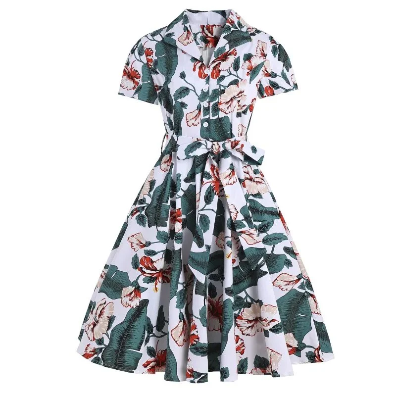 European and American Hepburn style Vintage Lace up Sexy Lapel With Dress Retro Rockabilly Prom Evening Dress fresh Print Dress - Image 5
