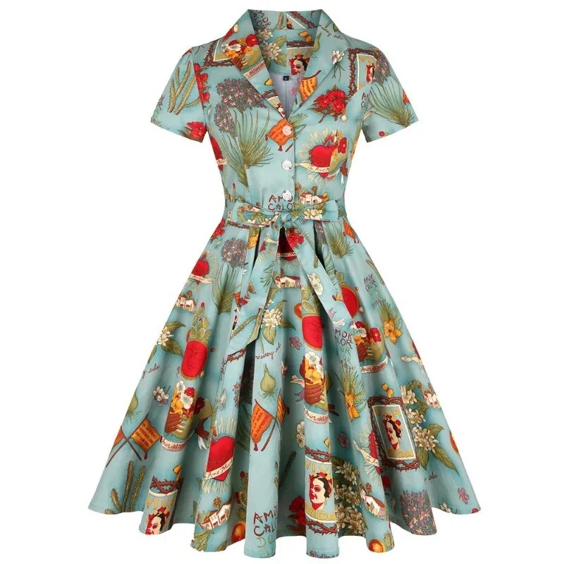 European and American Hepburn style Vintage Lace up Sexy Lapel With Dress Retro Rockabilly Prom Evening Dress fresh Print Dress - Image 6