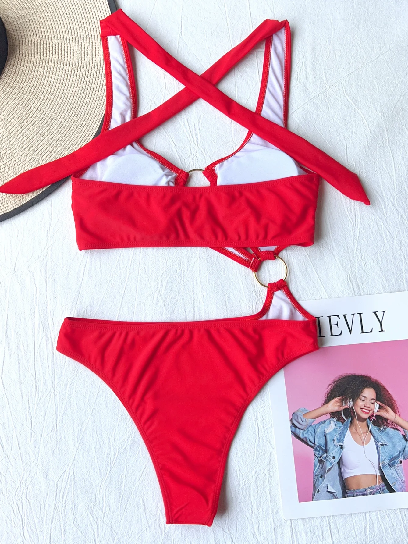European and American Hollow Pure Color Metal Ring Triangle Halter Backless Sexy Sexy One Piece Swimsuit Hot Spring Swimsuit - Image 5