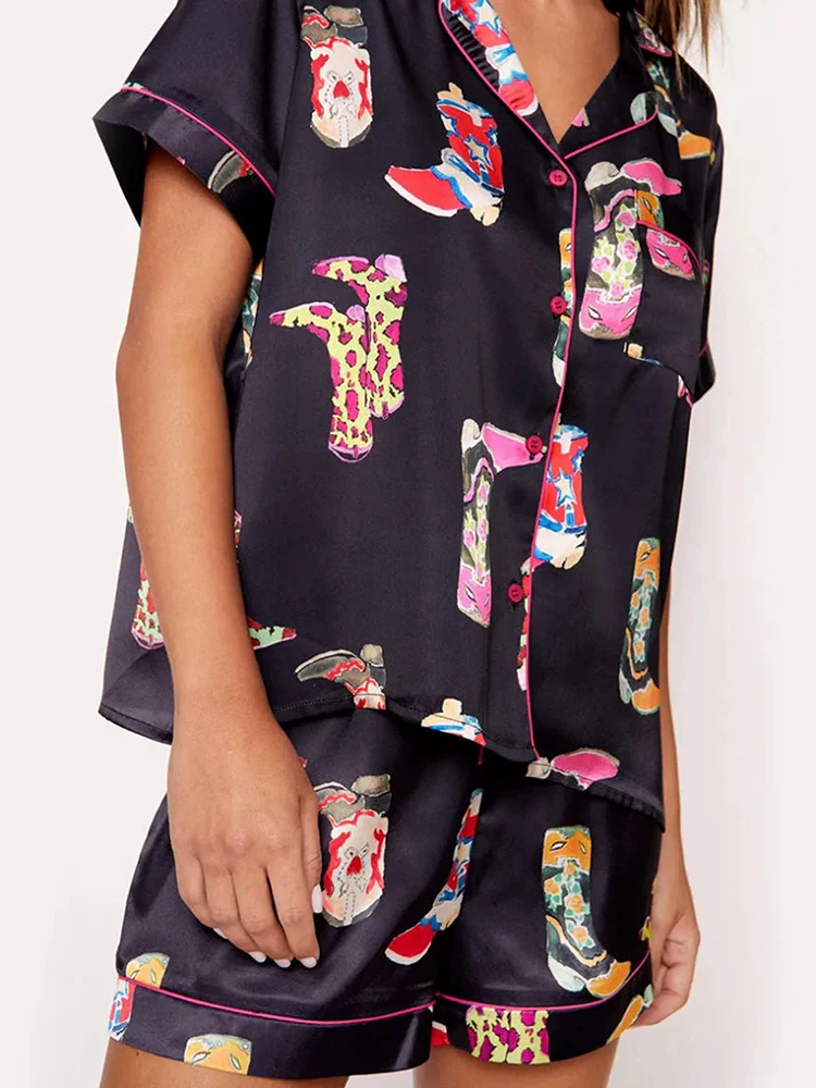 European and American Personalized Print Short Sleeve Shorts Home Casual Suit Female 2024 Summer Fashion Home Wear Two-piece Set - Image 2