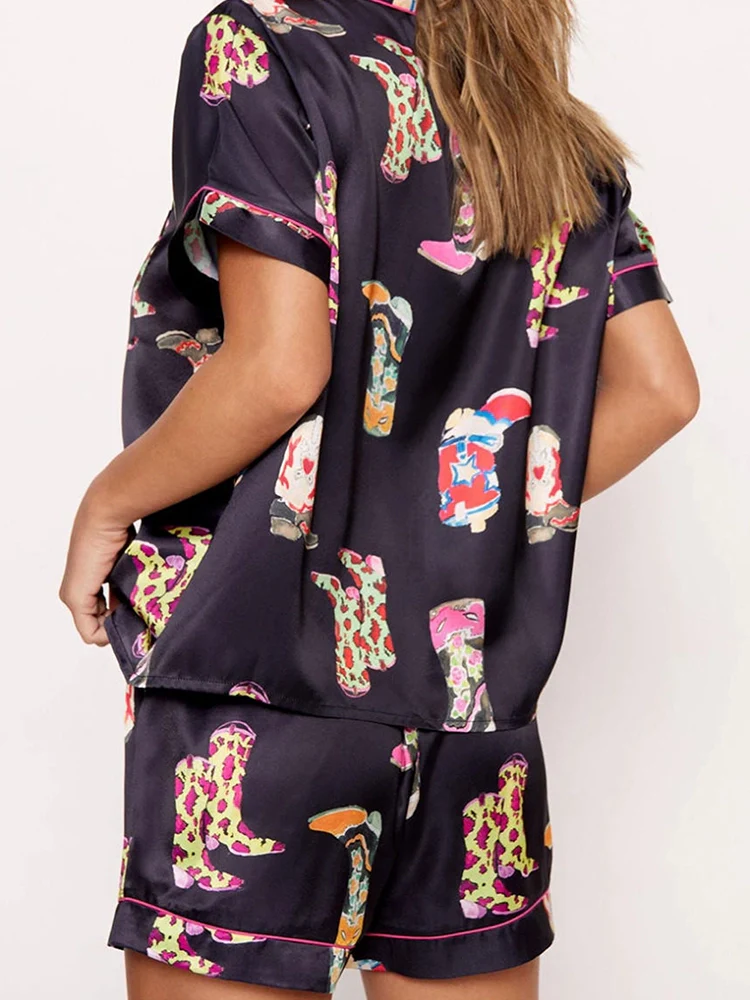 European and American Personalized Print Short Sleeve Shorts Home Casual Suit Female 2024 Summer Fashion Home Wear Two-piece Set - Image 3