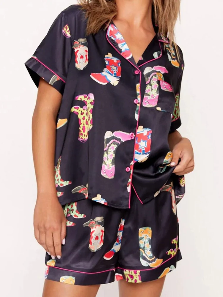 European and American Personalized Print Short Sleeve Shorts Home Casual Suit Female 2024 Summer Fashion Home Wear Two-piece Set - Image 4