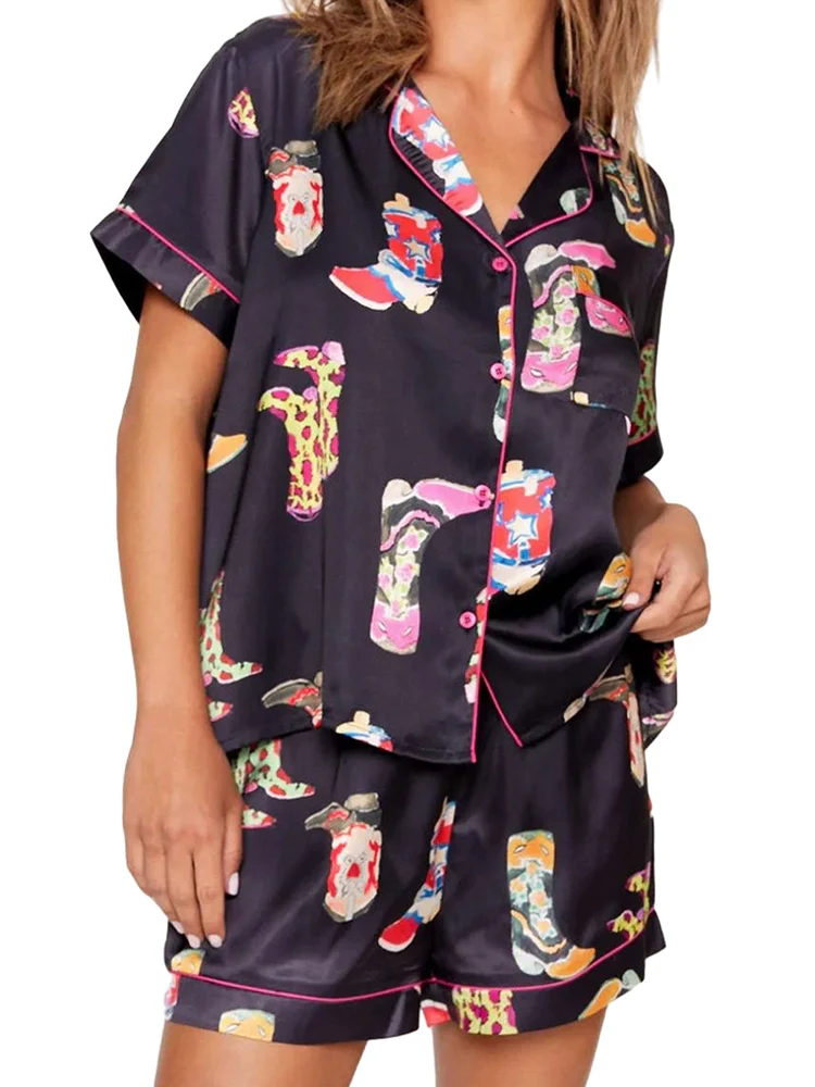 European and American Personalized Print Short Sleeve Shorts Home Casual Suit Female 2024 Summer Fashion Home Wear Two-piece Set - Image 5
