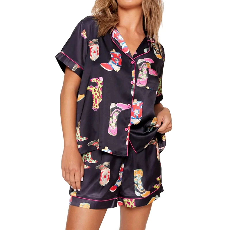 European and American Personalized Print Short Sleeve Shorts Home Casual Suit Female 2024 Summer Fashion Home Wear Two-piece Set - Image 6