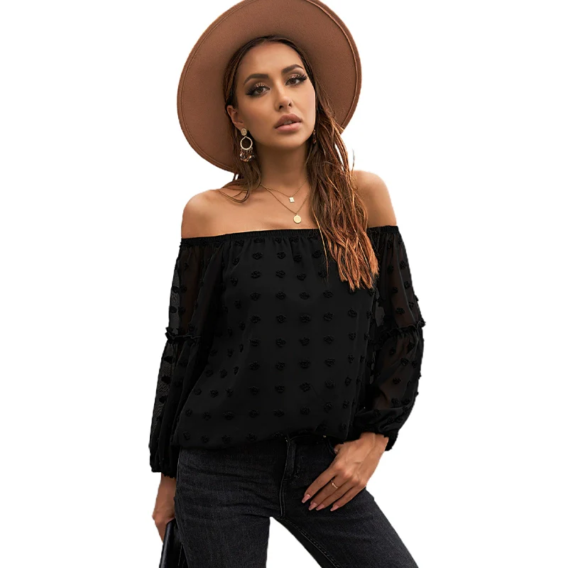 European and American Sexy Pure Color Chiffon Shirt Women New Arrival off-Shoulder Design Embroider Long Sleeves Tops Women 2517298 - Image 5