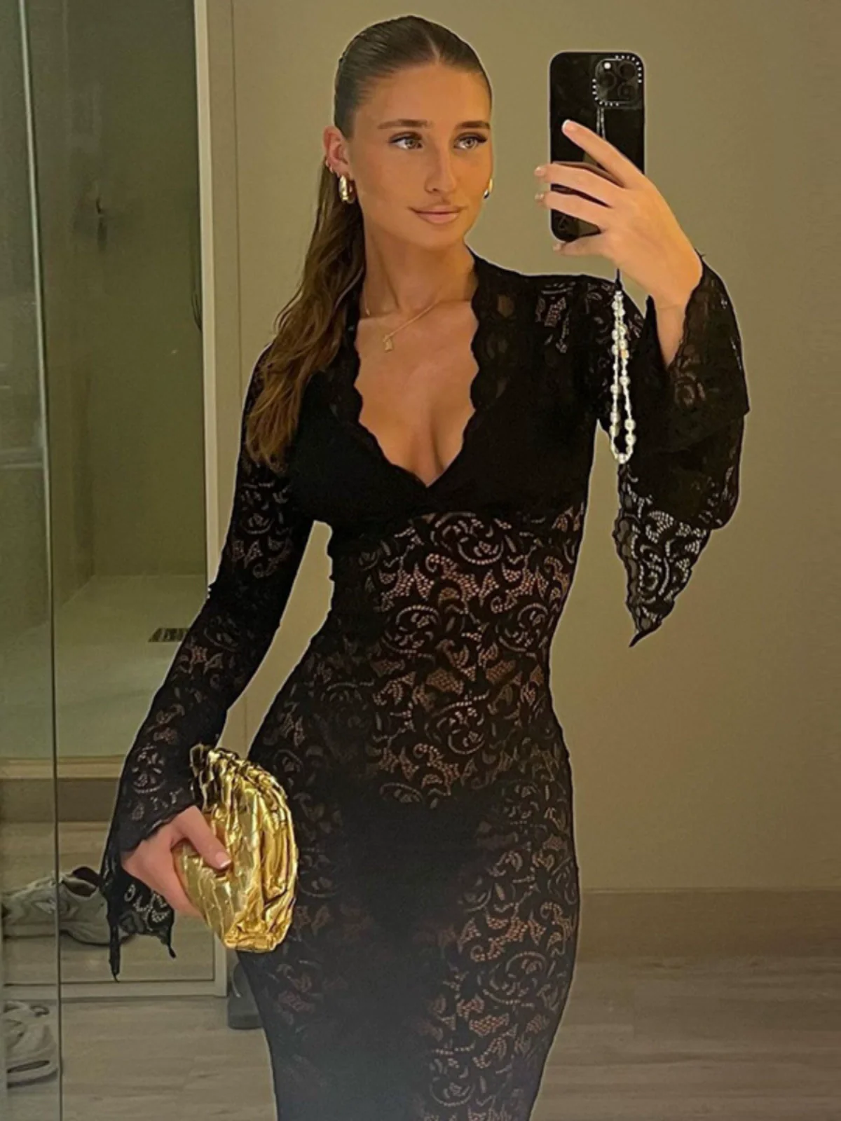 European and American Sexy Wind Spring New Arrival Fashion Pure Color Deep V Lace Pattern See-through Slim-Fit Long Sleeves Long Dress - Image 4