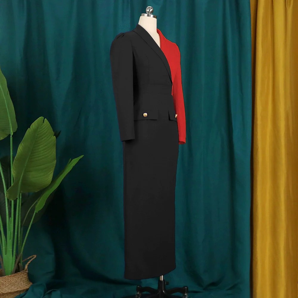 European and American-Style Large-Size Long-Sleeve Contrast Color High-Waist Performance Dress - Image 4