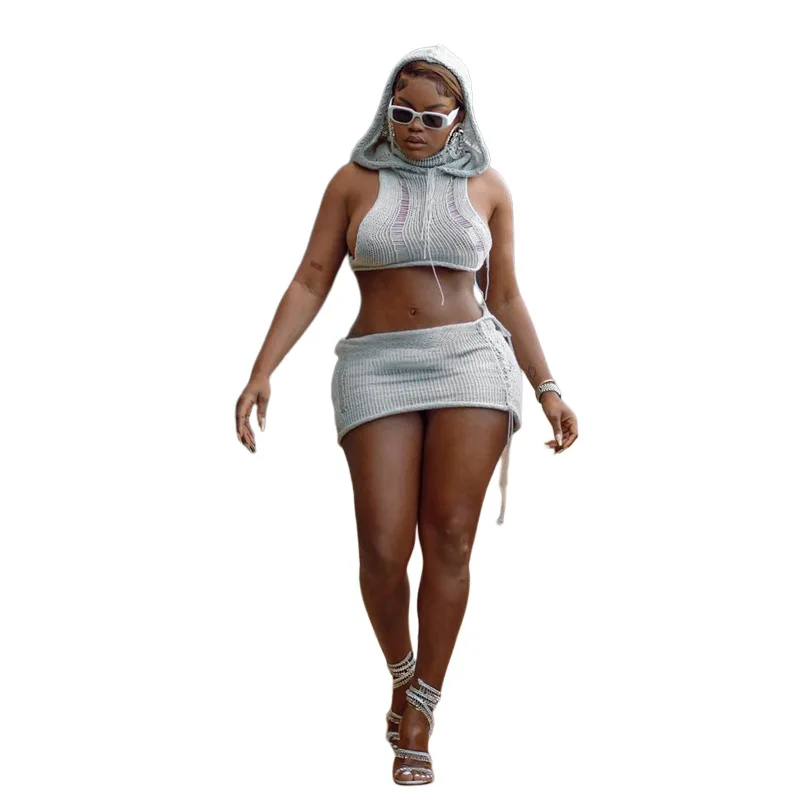 European and American Style Women's New Sexy Hollow Out Knitted Hooded Top High Waist Wrapped Hip Short Skirt Set for Women - Image 5