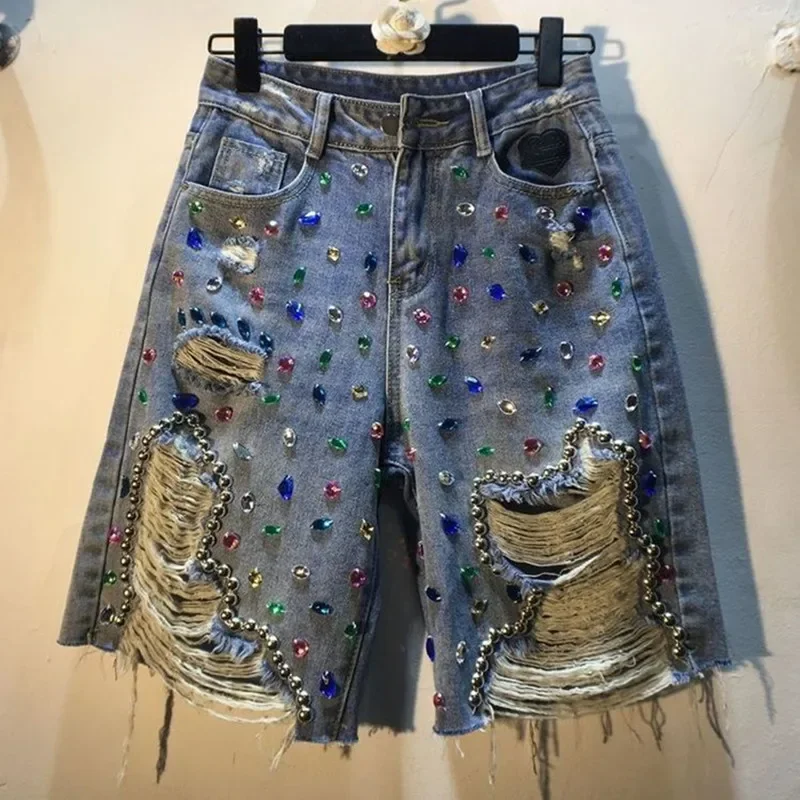 European ripped denim jeans 2025 summer new high-waist slim and heavy industry loose slimming five-point jeans - Image 8