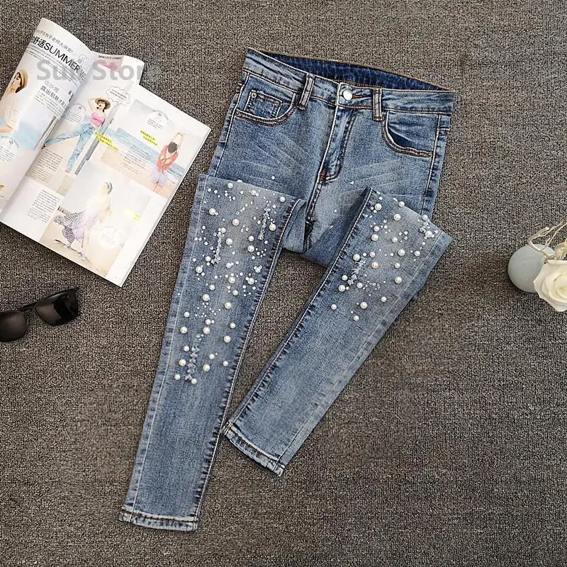 European Station Beaded Jeans Women's Summer 2025 New Versatile Ripped Elastic Skinny Small Foot Nine-point Pants - Image 6
