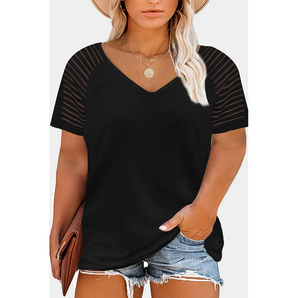 European-Style T-shirt Casual Loose V-neck Pullover Fat Woman - Image 2