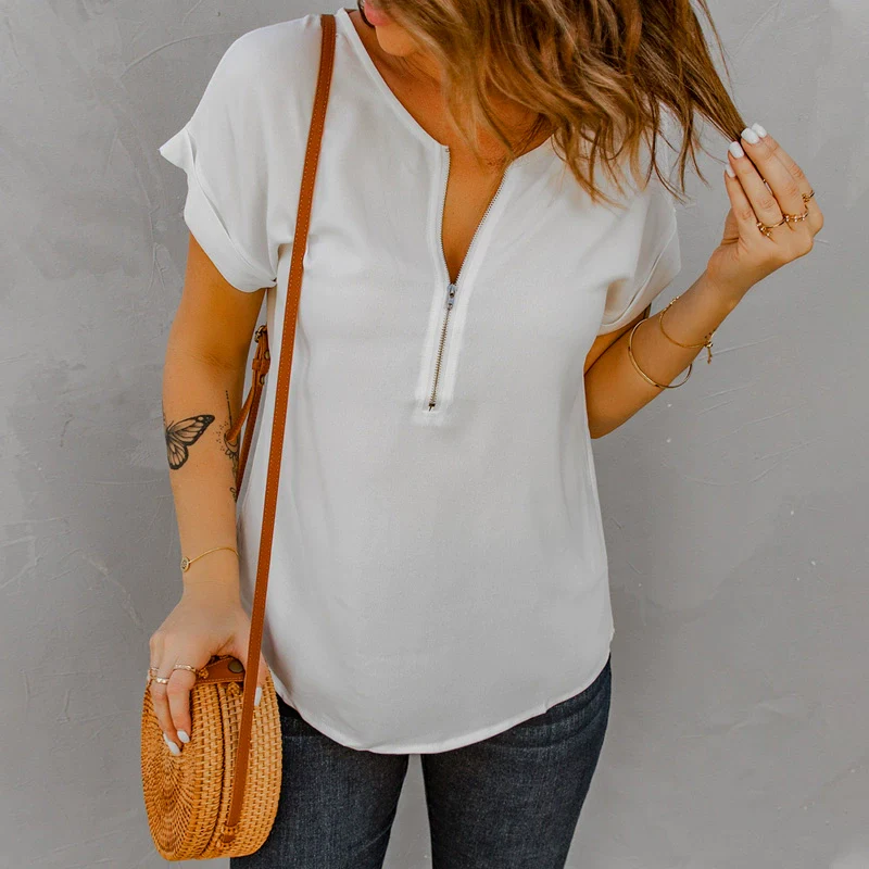 European-Style V-neck Half-Zip Casual All-Match Short-Sleeved Shirt - Image 6