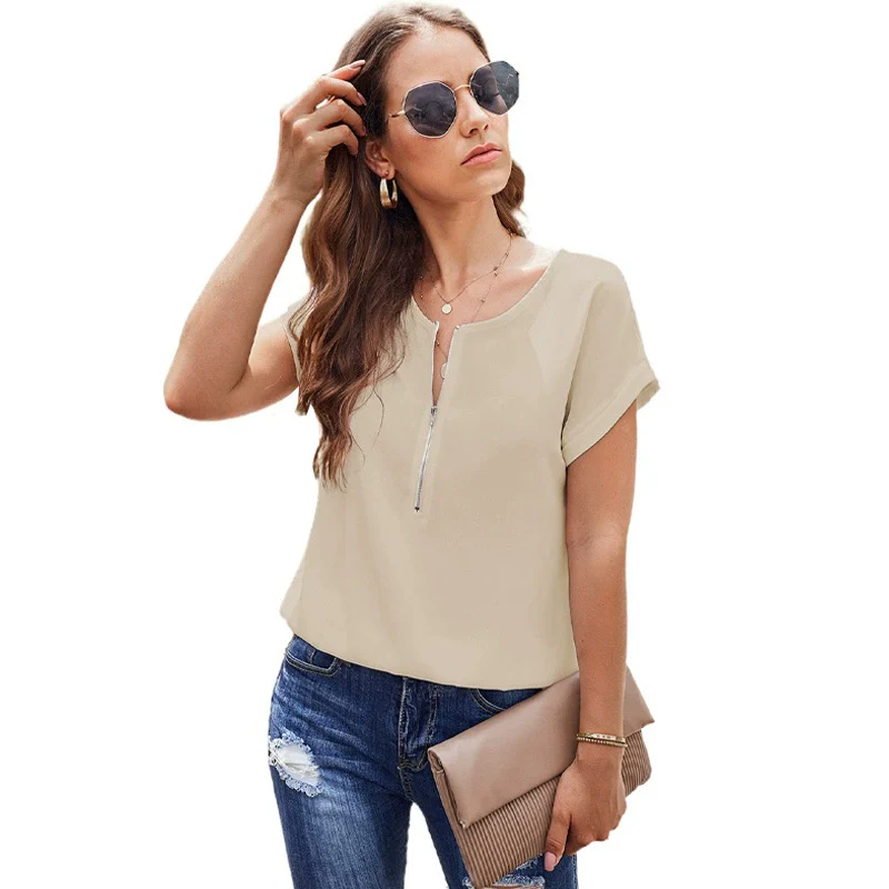 European-Style V-neck Half-Zip Casual All-Match Short-Sleeved Shirt - Image 8