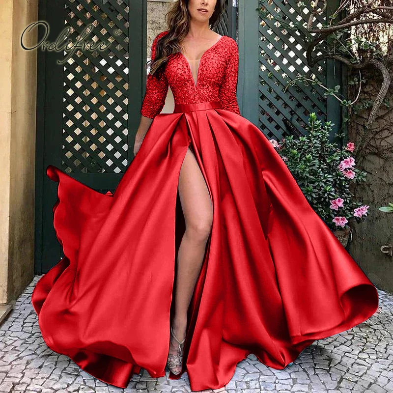 Evening Dress 2023 Length Long Party Dress Elegant Lady Lace Sequin Split Satin Sexy Maxi Evening Dress S-5XL - Image 6