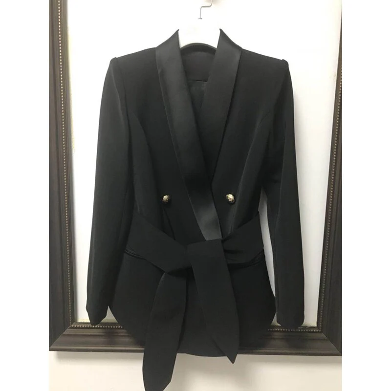 EXCELLENT QUALITY Stylish Career Blazer For Women Shawl Collar Lion Buttons Lacing Belt Blazer Jacket - Image 2