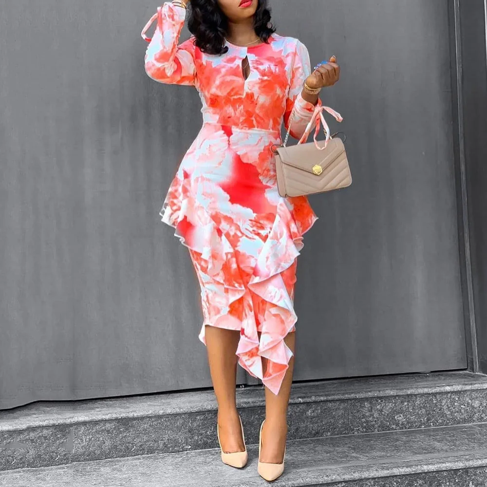 Falbala Round Neck Boho Floral Printed Dress Slim 2020 Spring Sexy Cut Out Ruffles Dresses Women Party Office Midi Vestidos XXL - Image 3