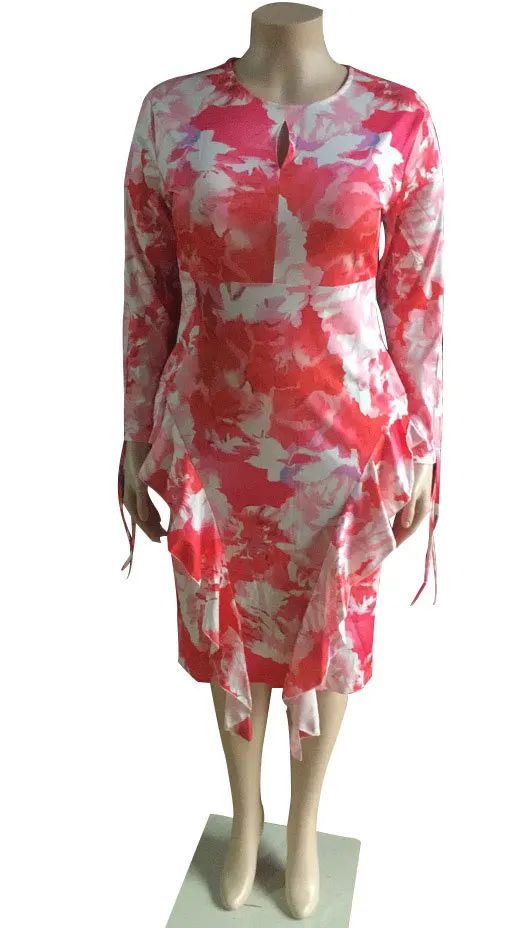 Falbala Round Neck Boho Floral Printed Dress Slim 2020 Spring Sexy Cut Out Ruffles Dresses Women Party Office Midi Vestidos XXL - Image 4
