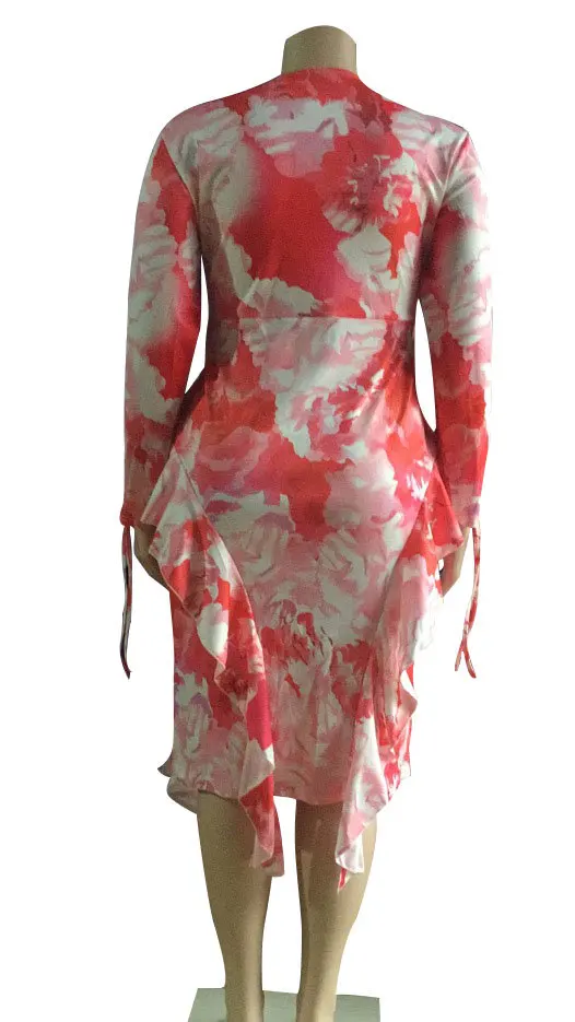 Falbala Round Neck Boho Floral Printed Dress Slim 2020 Spring Sexy Cut Out Ruffles Dresses Women Party Office Midi Vestidos XXL - Image 5