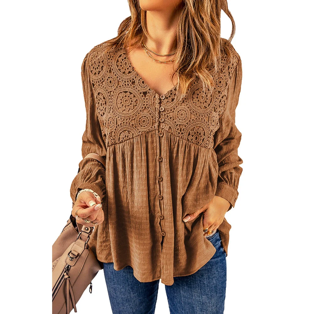Fall 2024 New Brown Lace Crochet Shirt Women Fashion Style Fashion Button V Neck Little-Girl Style Clothes Tops Women - Image 2