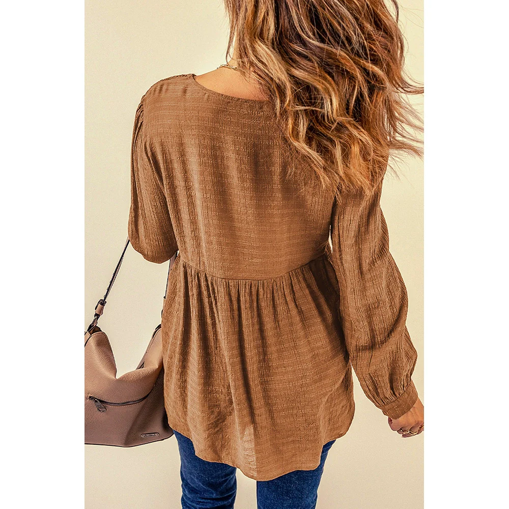 Fall 2024 New Brown Lace Crochet Shirt Women Fashion Style Fashion Button V Neck Little-Girl Style Clothes Tops Women - Image 3