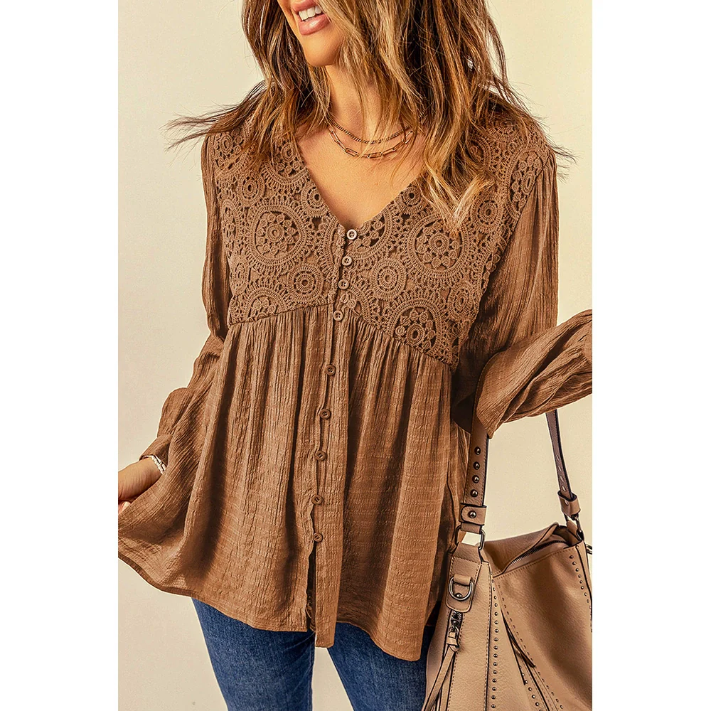 Fall 2024 New Brown Lace Crochet Shirt Women Fashion Style Fashion Button V Neck Little-Girl Style Clothes Tops Women - Image 4