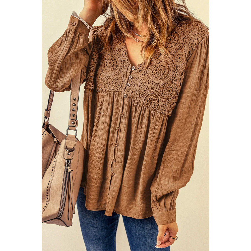 Fall 2024 New Brown Lace Crochet Shirt Women Fashion Style Fashion Button V Neck Little-Girl Style Clothes Tops Women - Image 5
