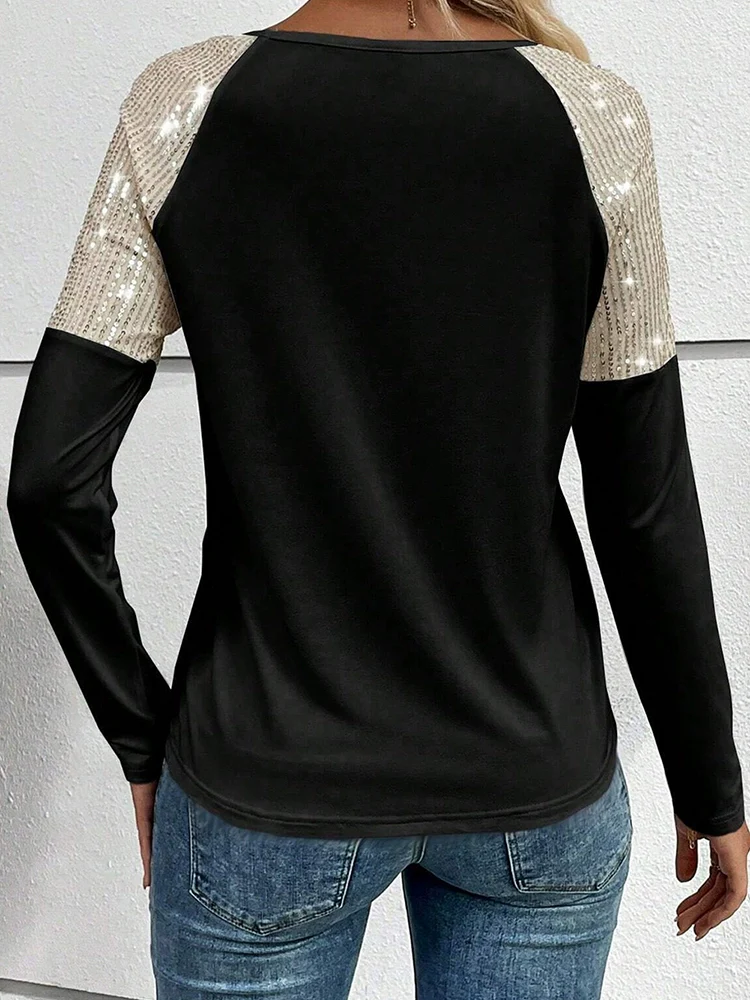Fall and Winter European and American Stitching Black Long Sleeves Pullover Sequin - Image 2
