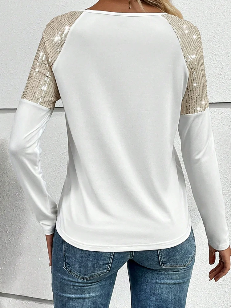 Fall and Winter European and American Stitching Black Long Sleeves Pullover Sequin - Image 5