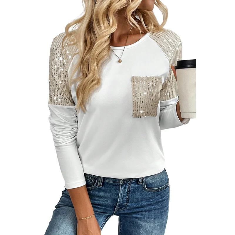 Fall and Winter European and American Stitching Black Long Sleeves Pullover Sequin - Image 6